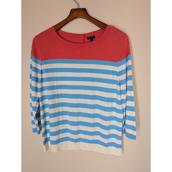 Talbots Women's XL Blue White Stripe Back Buttons 3/4 Sleeve Sweater Nautical - Picture 1 of 7